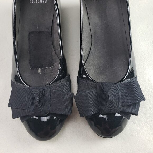 Stuart Weitzman Patent Leather Bow Pump Womens 7 Black Slip On Wedge Heel Spain - Picture 6 of 14